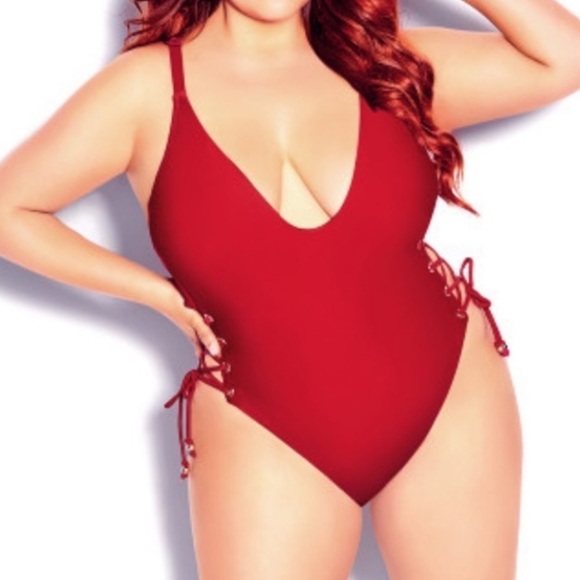 NWT City Chic CCX Lace Up One Piece Swimsuit in Red Cherry - Picture 1 of 7